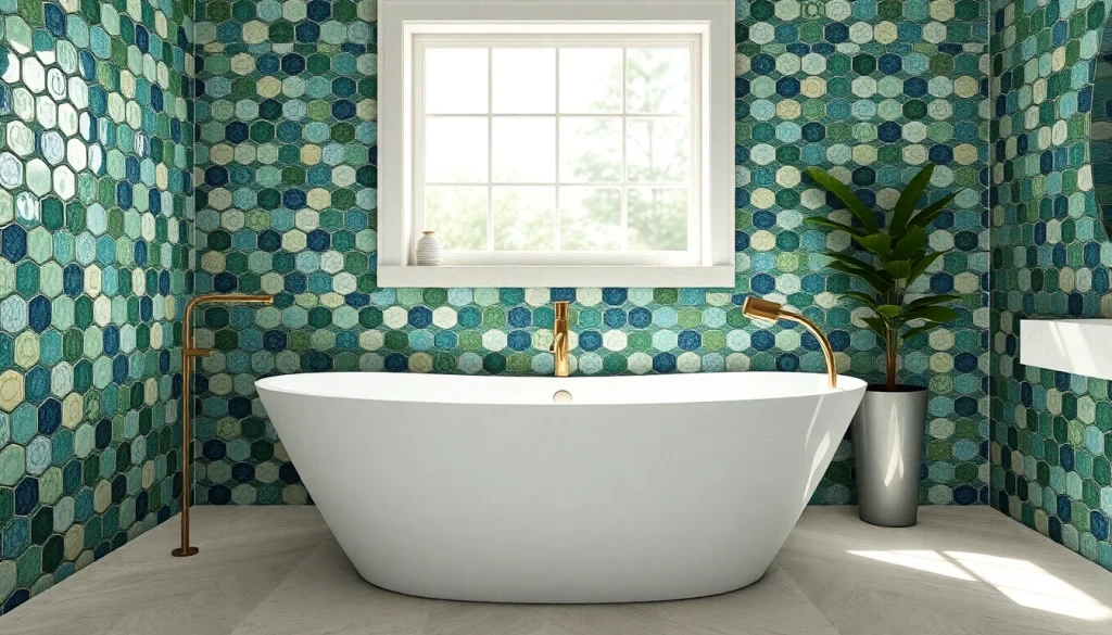 Carreaux de zellige dans une salle de bains luxueuse, mettant en valeur des couleurs vives et des textures uniques.