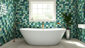 Carreaux de zellige dans une salle de bains luxueuse, mettant en valeur des couleurs vives et des textures uniques.