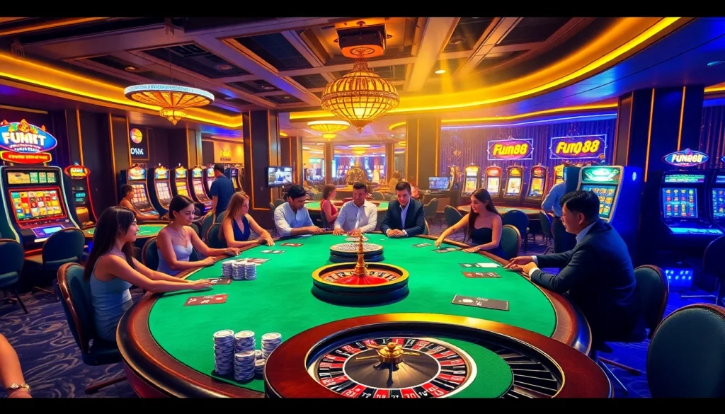 Excited players enjoying a luxurious casino atmosphere featuring Fun88 elements with vibrant card tables and slot machines.