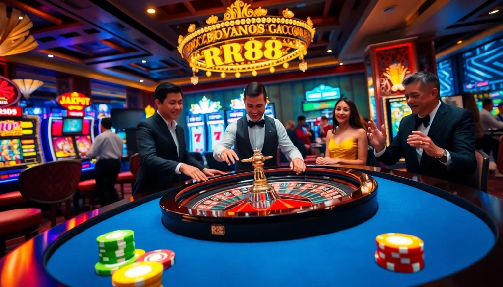 RR88 players enjoy an exciting game at a luxurious casino table while vibrant chips and lights enhance the experience.