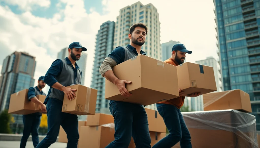 Staff of a Vancouver moving company efficiently managing relocation tasks in a vibrant cityscape.