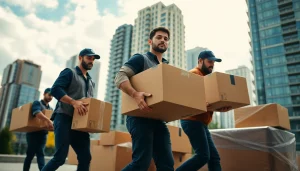 Staff of a Vancouver moving company efficiently managing relocation tasks in a vibrant cityscape.