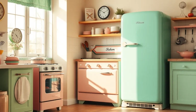 Featuring stylish retro appliances in a vintage kitchen, highlighting 1950s charm and pastel colors.