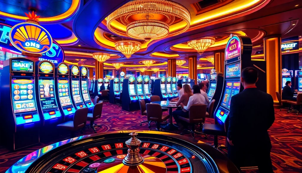 Spin the Slot machines in a glamorous casino, showcasing vibrant lights and thrilling gameplay.