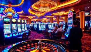 Spin the Slot machines in a glamorous casino, showcasing vibrant lights and thrilling gameplay.