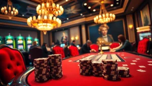 Exciting poker gameplay at a luxury casino featuring 여기여 engraved poker chips