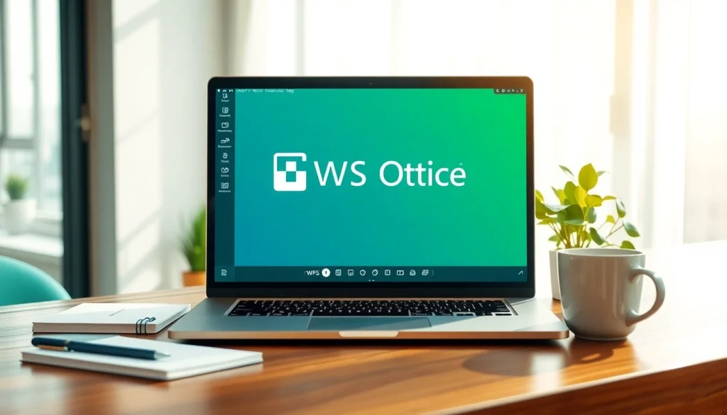wps下载 showcased in a modern office workspace with WPS Office software on a laptop.