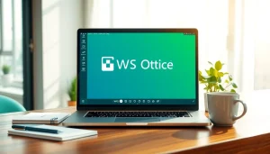 wps下载 showcased in a modern office workspace with WPS Office software on a laptop.