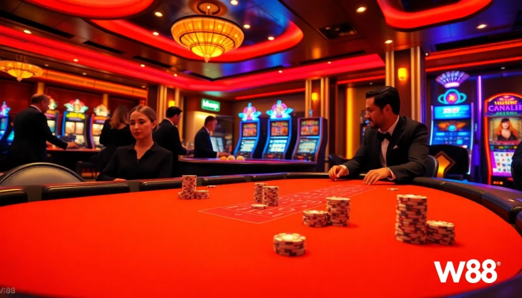 Một cảnh sòng bạc sống động thể hiện sự hứng khởi của W88 với người chơi tại bàn poker và những máy xèng đầy màu sắc.