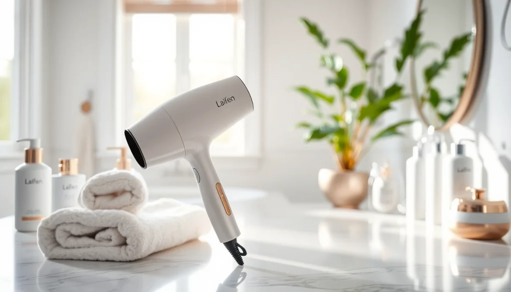laifen swift premium hair dryer elegantly displayed with accessories in a well-lit, serene bathroom.