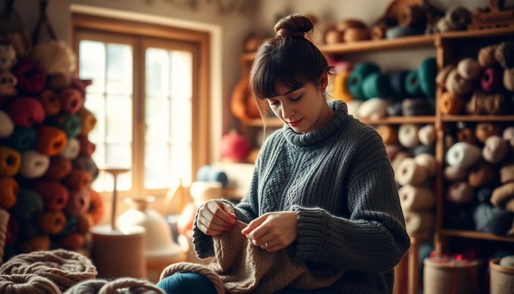 Crafting handmade garments at https://www.ound-ound.com in a cozy artisan workshop.