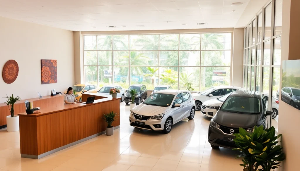 Car rental in Kuching Sarawak with modern office and diverse vehicles.