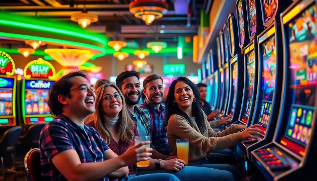 Permainan slot depo 1k yang mengasyikkan di kasino yang cerah dan penuh warna.