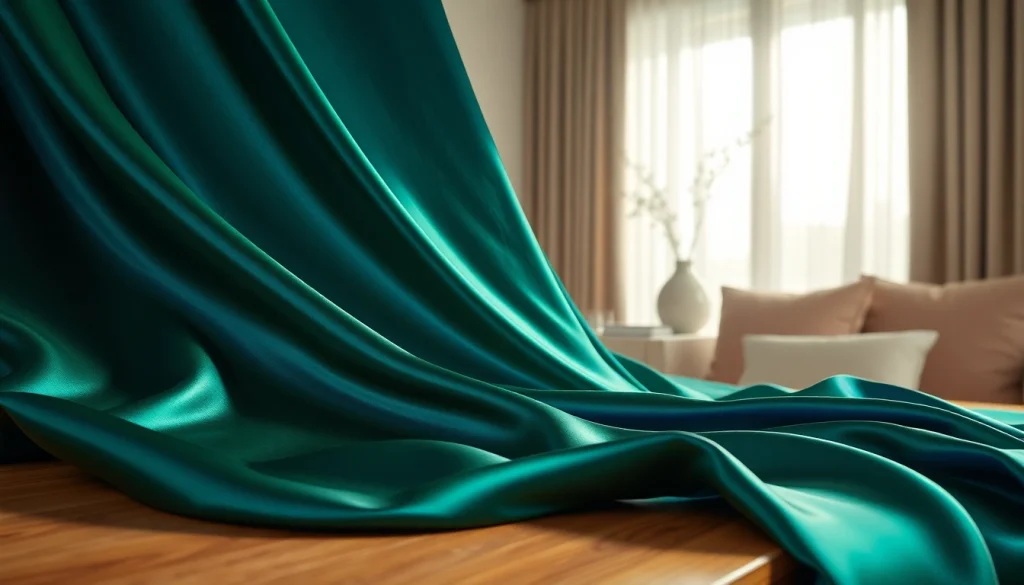 Bekijk de schitterende satijn stof die elegant over een houten tafel drapeert, met een glanzend oppervlak.