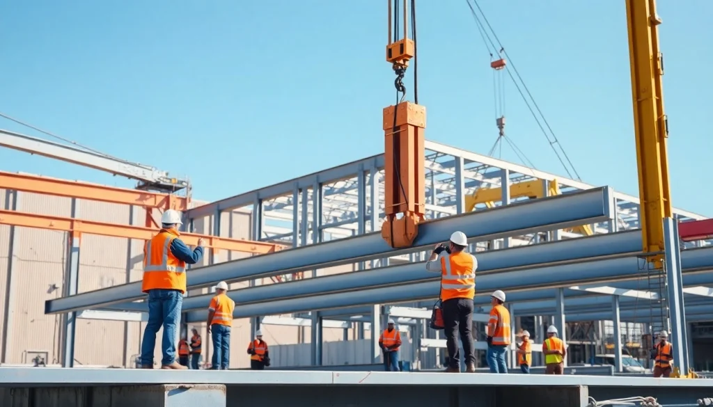 Workers performing structural steel installation while assembling steel beams in an industrial setting.