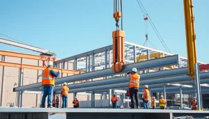 Workers performing structural steel installation while assembling steel beams in an industrial setting.