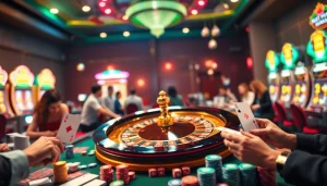 Experience the net win thrill as players engage in exciting casino games around a luxurious roulette wheel.