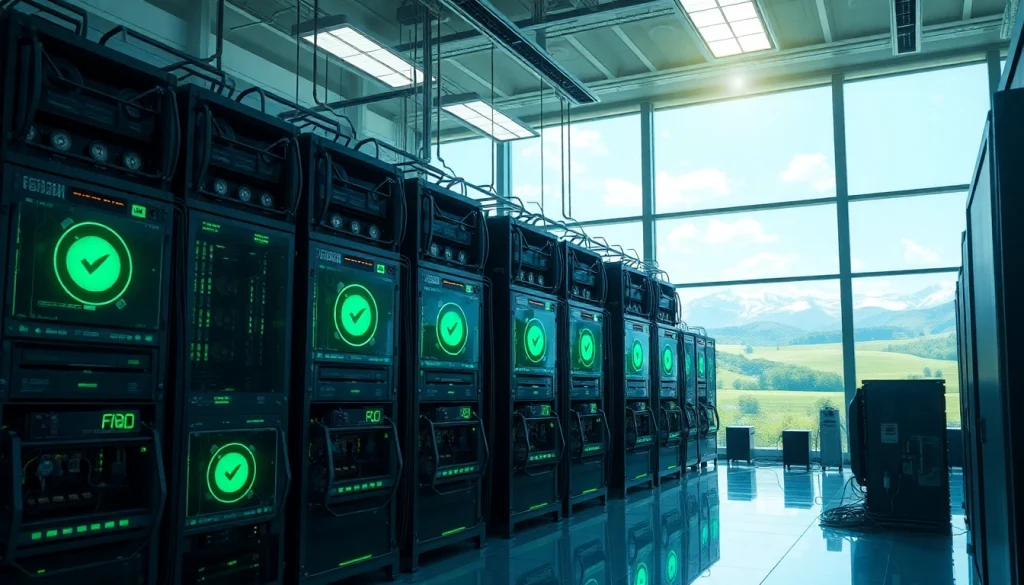 Free crypto mining at a sustainable, high-tech facility featuring advanced mining rigs powered by renewable energy.