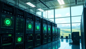 Free crypto mining at a sustainable, high-tech facility featuring advanced mining rigs powered by renewable energy.