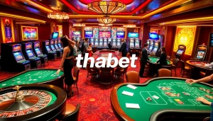 Casino excitement with THABET branding, showcasing gaming tables, poker chips, and slot machines.