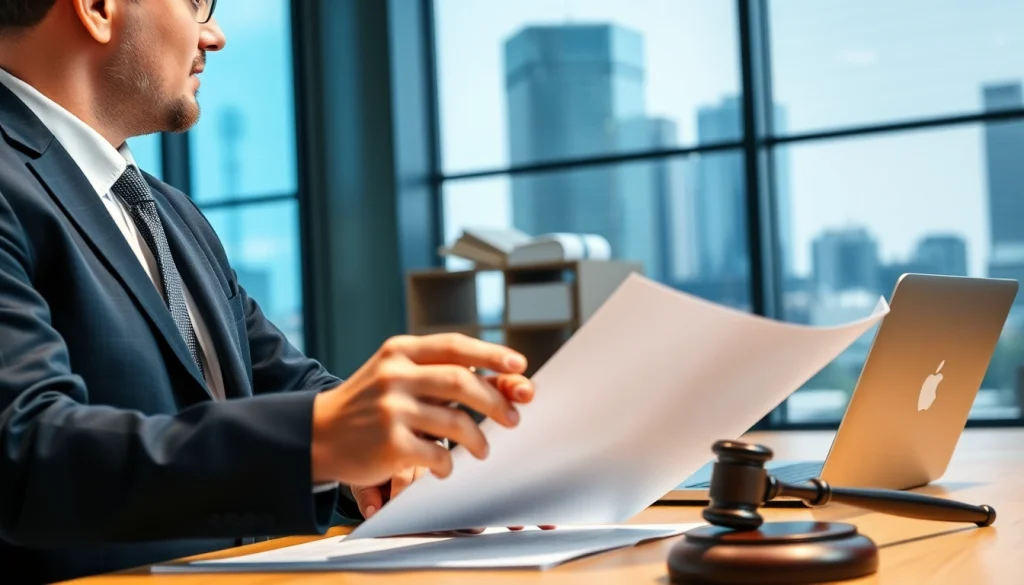 Eminent domain lawyer consulting with a landowner in a modern office environment.