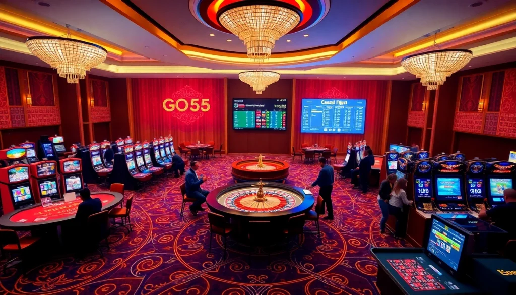 Experience the excitement at GOD55 with vibrant gaming tables and slot machines.