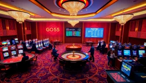 Experience the excitement at GOD55 with vibrant gaming tables and slot machines.