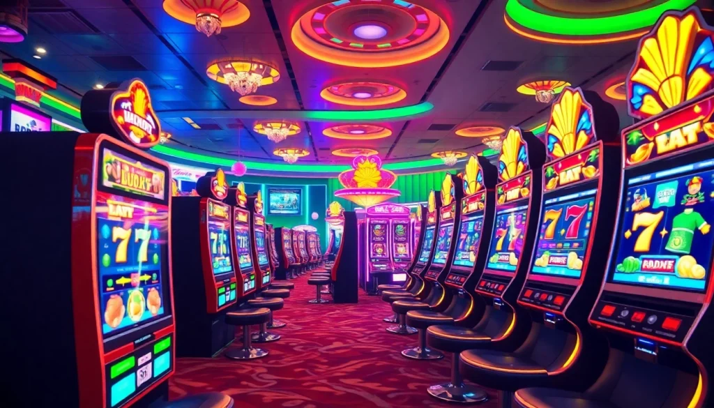 A dynamic scene of slot hoki games featuring bright slot machines and a vibrant casino atmosphere.