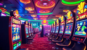 A dynamic scene of slot hoki games featuring bright slot machines and a vibrant casino atmosphere.