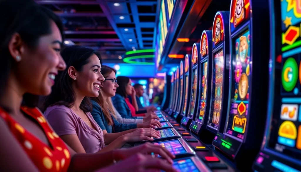 Pengalaman bermain slot depo 5000 dengan pemain antusias dalam suasana kasino digital yang meriah.