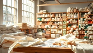 Zoek naar katoen in een stoffenwinkel met kleurrijke variaties en creatieve accessoires.