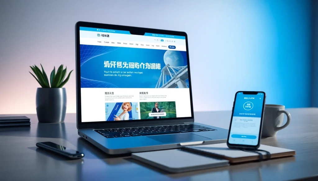 快连官网 displayed on a modern laptop along with the VPN app, showcasing innovation and user-friendliness.