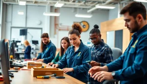 Engaged students at an abc trade school collaborating on hands-on projects in a modern classroom.