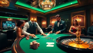 Hình ảnh một cảnh casino sống động quảng bá trải nghiệm ứng dụng Bet VIP với chip casino và bài poker.