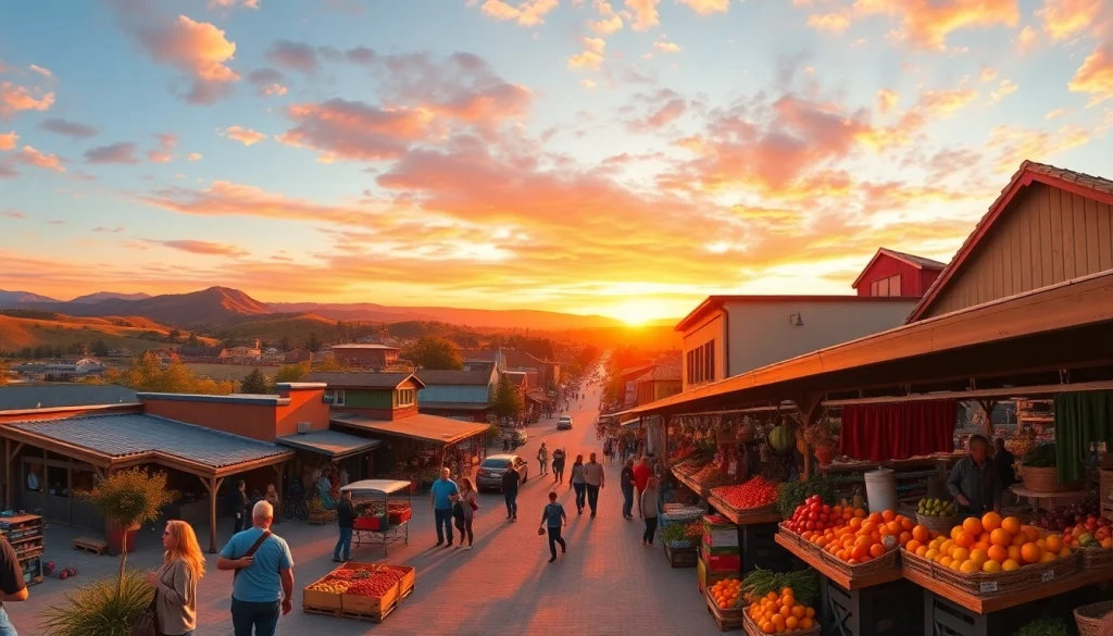 People enjoying local market in Clarksburg during sunset.