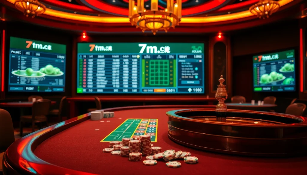 Engaging casino environment showcasing live betting info from 7m.cn with players at a roulette table.