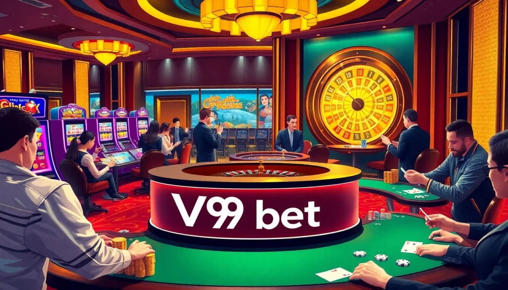 Gamblers engaging at a V9 bet branded casino table with vibrant slot machines and poker chips.
