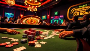 Thrilling gambling action at Tha bet with poker chips and cards on a vibrant casino table.