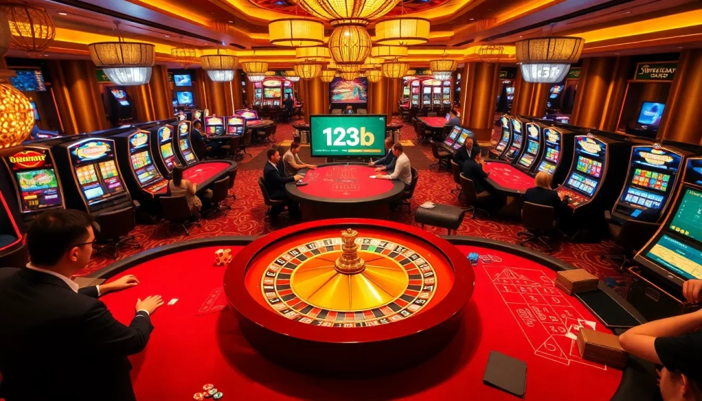 Exciting gambling atmosphere at 123b casino with vibrant gaming tables and roulette wheel.