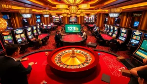 Exciting gambling atmosphere at 123b casino with vibrant gaming tables and roulette wheel.