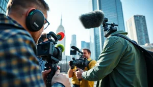 Showcase of a Creative Video Production Agency filming a corporate video with professionals and city skyline.