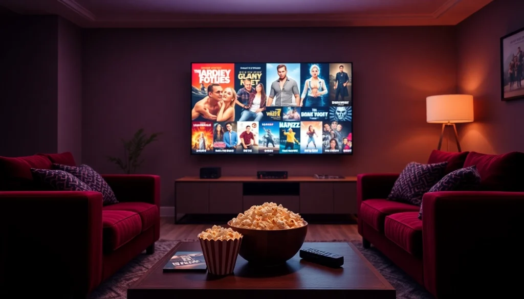 View cozy living room for filme online subtitrate, featuring a TV, popcorn, and movie DVDs.