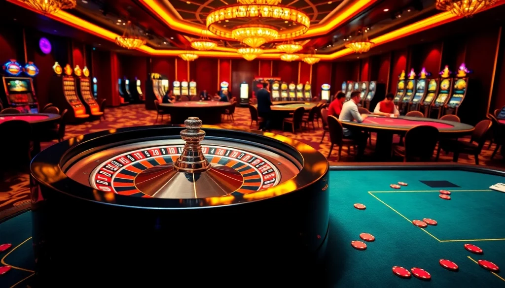 Experience F8BET's thrilling casino environment with vibrant roulette and poker gaming.