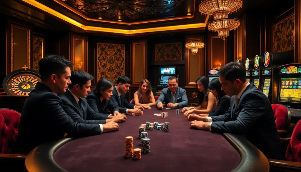 Players engage in high-stakes poker at lu88's luxurious casino table.