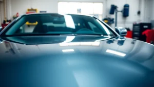 Examine a vehicle showcasing premium paint protection film near me under bright garage lights.