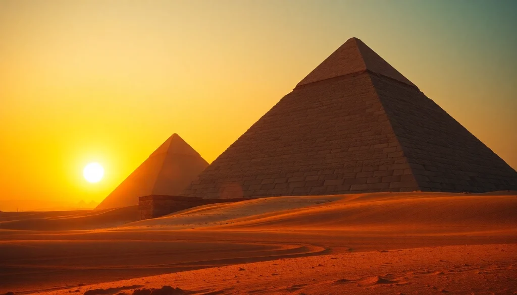 A breathtaking view of the majestic piraminds under a sunset sky, emphasizing their ancient architectural beauty.