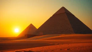 A breathtaking view of the majestic piraminds under a sunset sky, emphasizing their ancient architectural beauty.