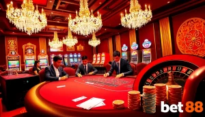 Engaged players at a Bet88 poker table surrounded by vibrant slot machines and roulette wheel.