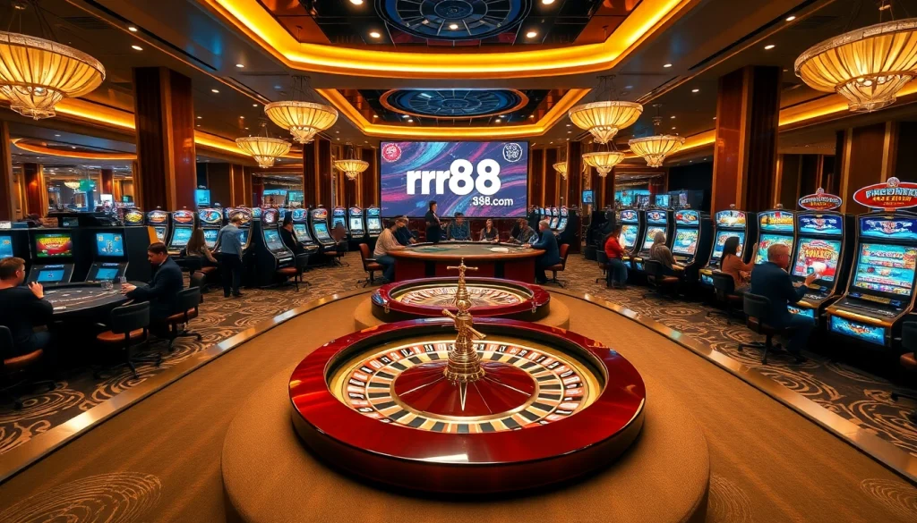Engage in thrilling gambling action at rr88.com with vibrant casino visuals featuring tables and excitement.