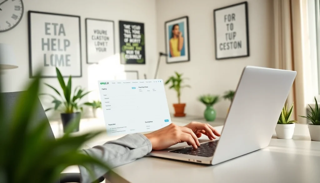 Filling out the eta uk application form with determination in a bright home office setting.
